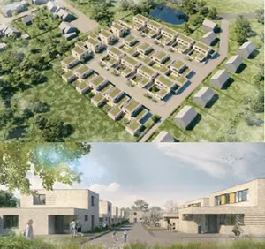 Draufsicht und Frontalansicht des Wärmepumpenquartiers Hilters a.T.W.