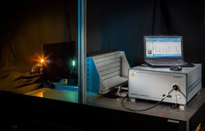 A spectral radiometer measures the spectrum of a light source in a light-shielded environment.