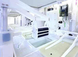 Ein Roboterarm bewegt einen Carrier mit Siliziumscheiben von einem Chemiebad zum nächsten.