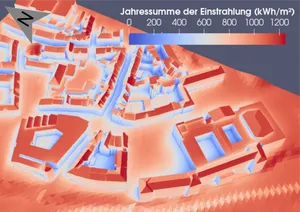 3D-Karte der simulierten Sonneneinstrahlung in einem Straßenzug von Hannover.