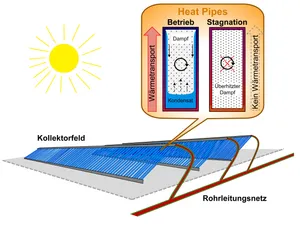 Schematische Schnittdarstellung eines Wärmerohrs sowie mehrere Kollektorreihen einer solarthermischen Großanlage
